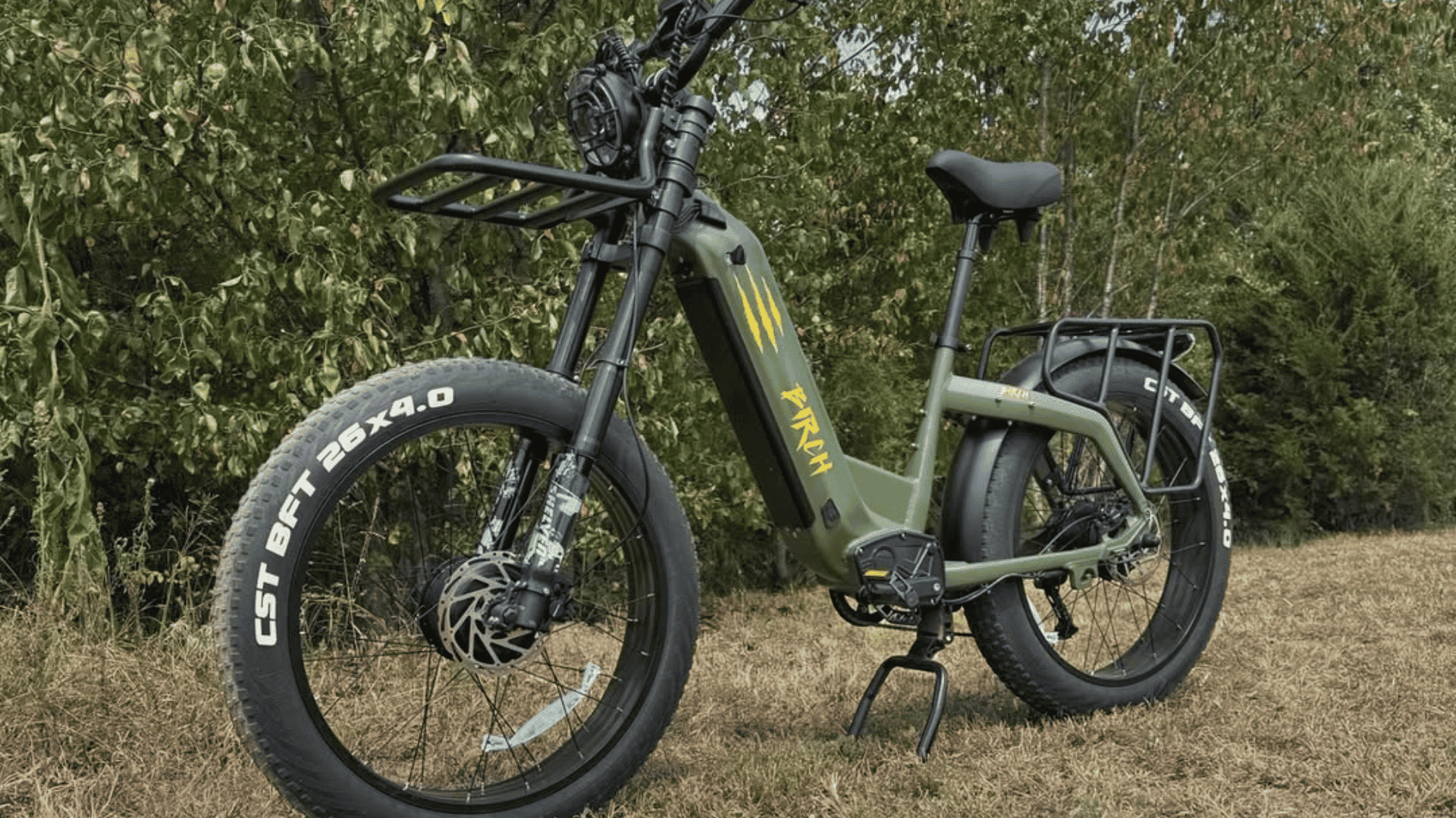 green Birch Grolar hunting ebike in front of trees