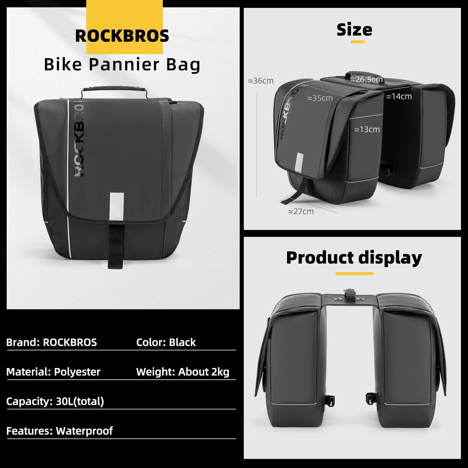 ROCKBROS 30L Bike Rear Rack Panniers Bags for Bicycles Waterproof